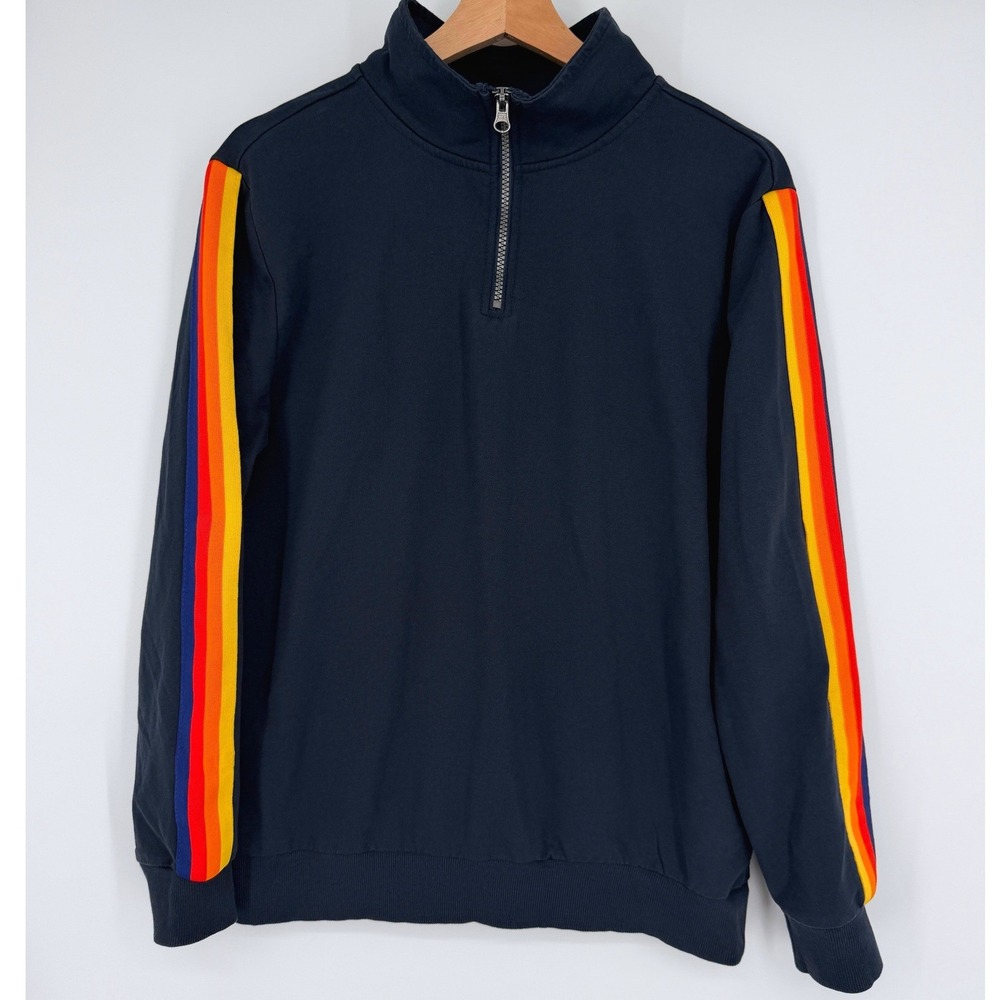 Aldi Navy Blue 1/4 zip Pullover Sweatshirt Rainbow Stripes Sz M